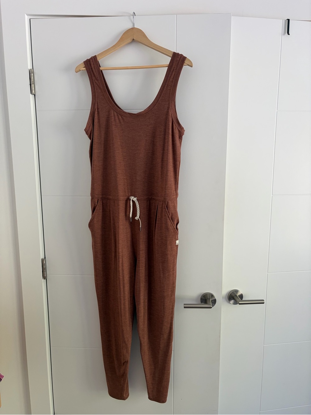 Vuori Sleeveless Drawstring Jumpsuit in Rust Brown
